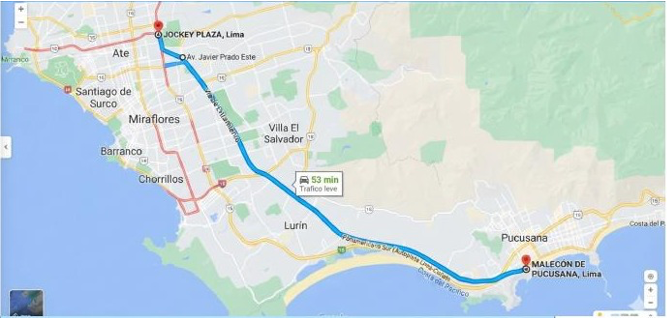 Mapa de la ruta desde Jockey Plaza hasta el malecón de Pucusana por la Panamericana Sur