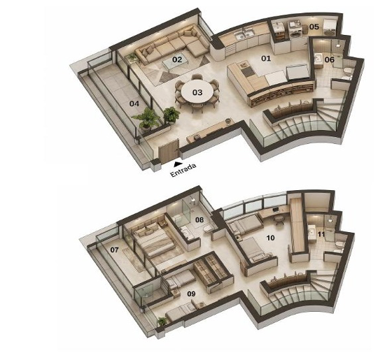 Plano referencial del departamento dúplex del Edificio Gaviotas, nivel inferior y superior